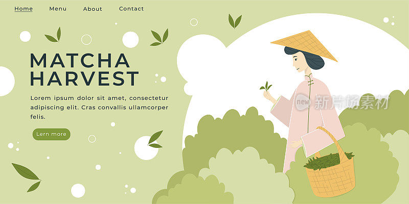 Landing page with Matcha attributes Vector Illustration.